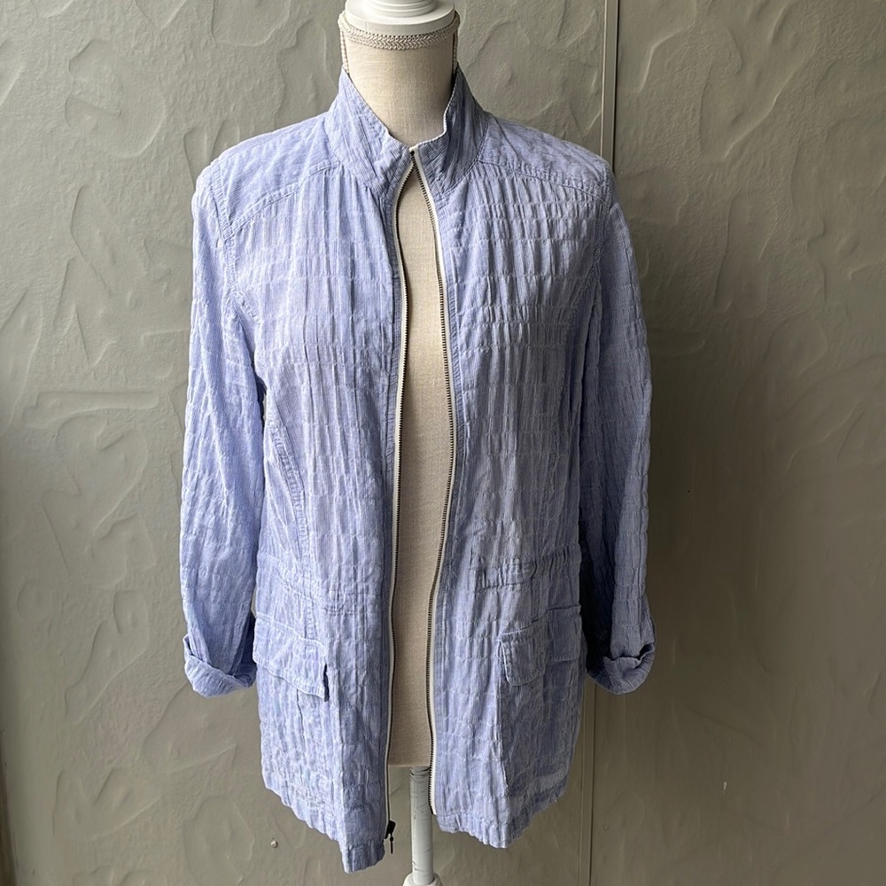 Chico’s Cotton Light Weight Stripe Zip Jacket White Blue Size 1